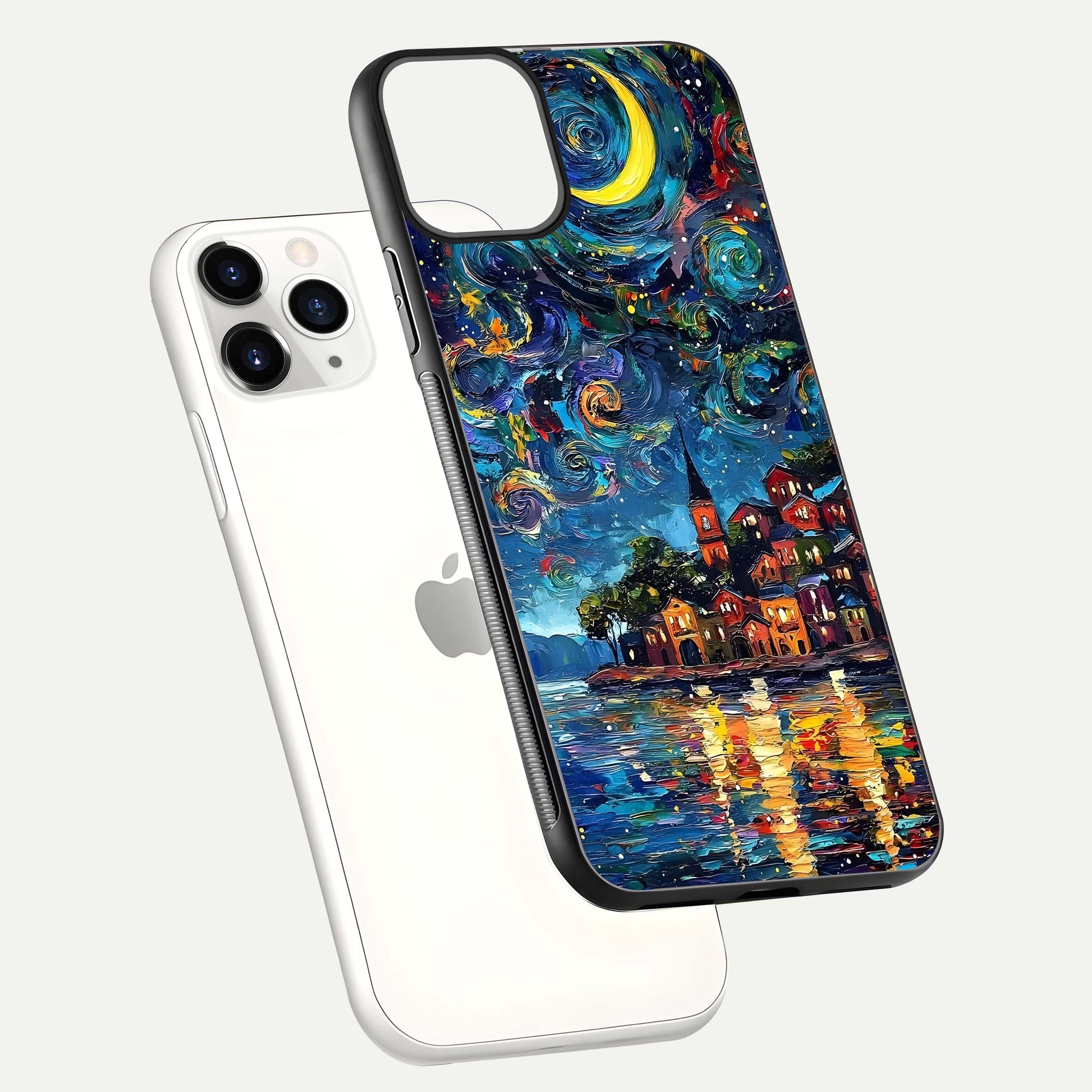 Moonlight Harbor Glow Glass Case for iPhone 11 Pro floating dual-view mockup showing gloss brightness and glow