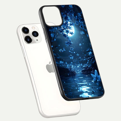 Moonlight Petal Dream Glass Case for iPhone 11 Pro floating dual-view mockup showing HD gloss and dreamy art