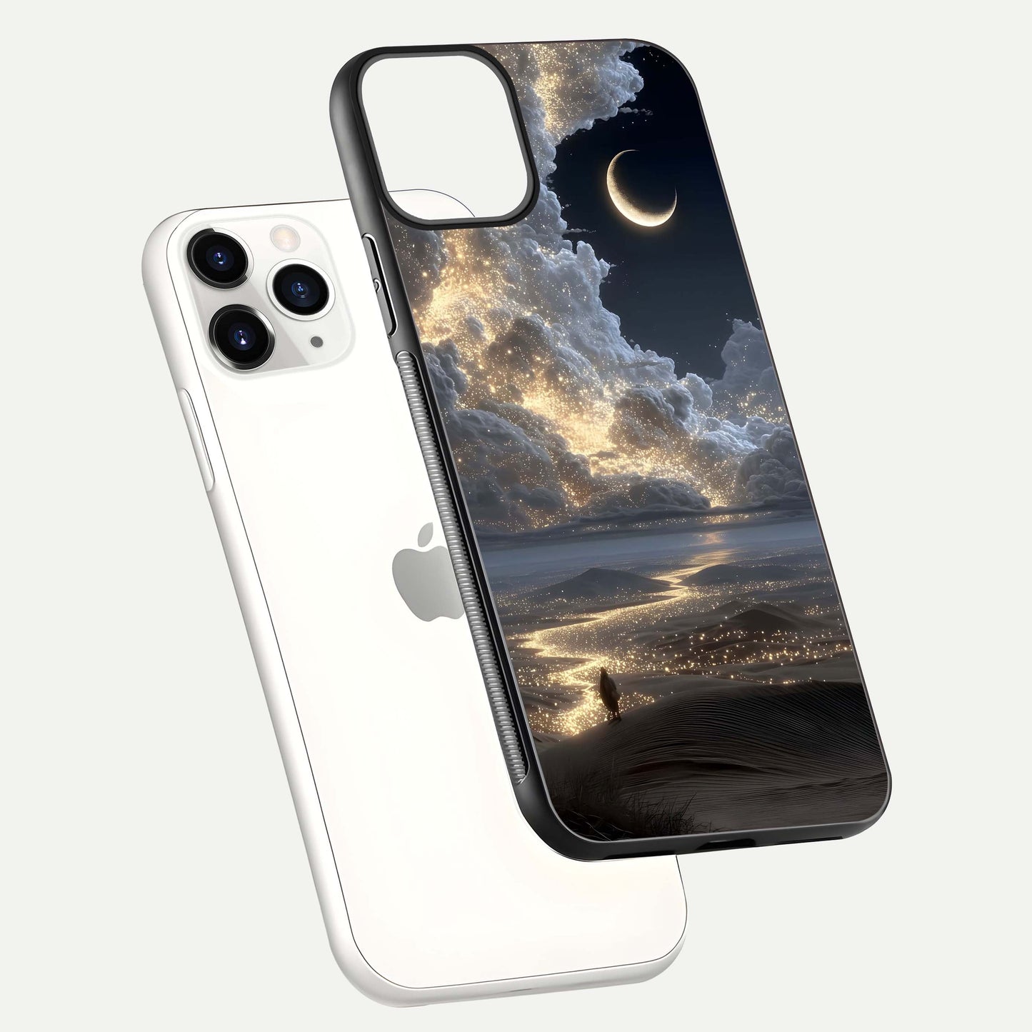 Moonlight Spark Path Glass Case for iPhone 11 Pro floating dual-view mockup showing gloss finish and shine depth