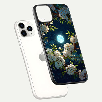 Moonlit Blossom Dream Glass Case for iPhone 11 Pro floating dual-view mockup showing gloss texture and floral tone
