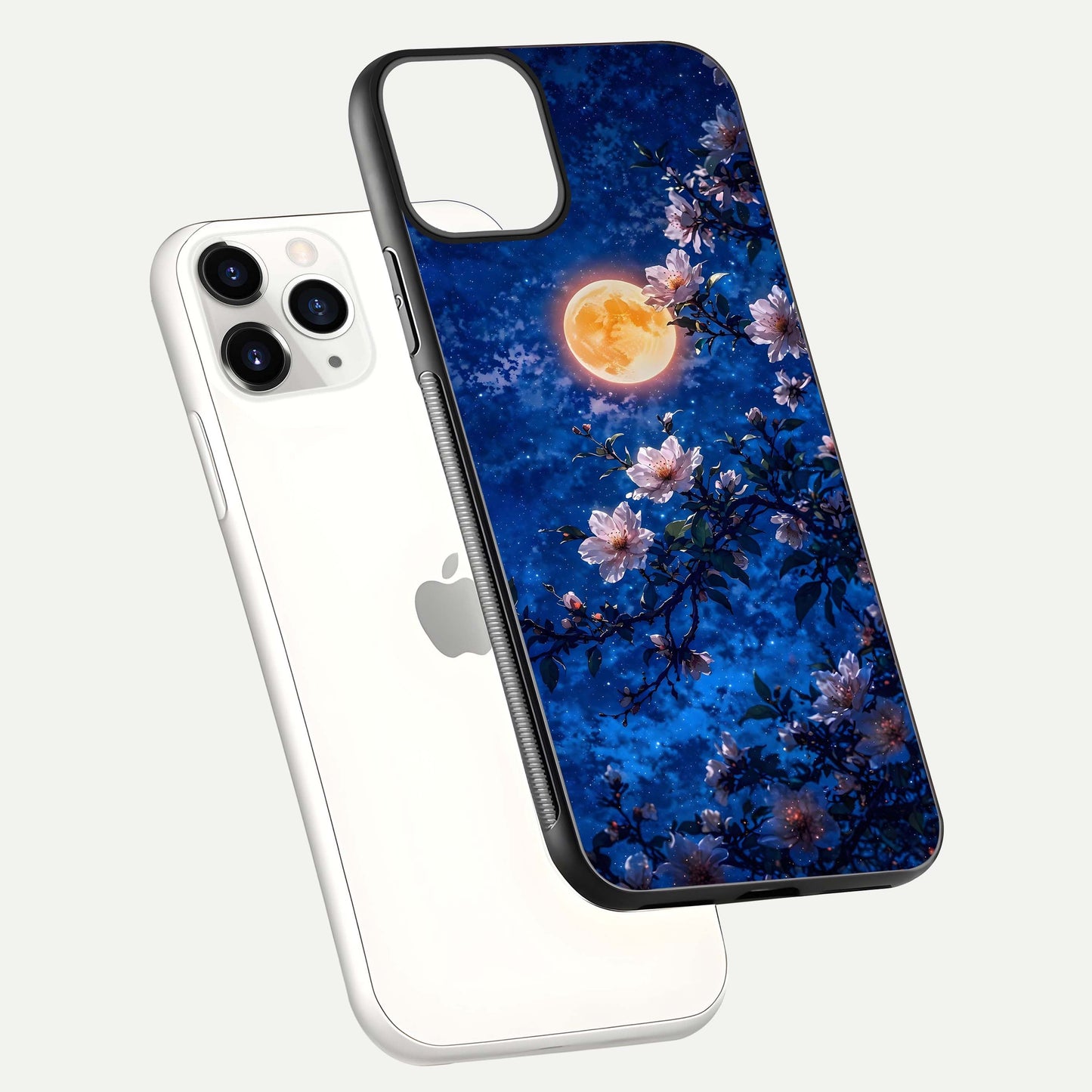 Moonlit Blossoms Night Glass Case for iPhone 11 Pro floating dual-view mockup showing HD gloss and floral contrast