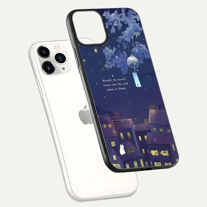 Moonlit Cat Silence Glass Case for iPhone 11 Pro floating dual-view mockup showing gloss reflection and moon art