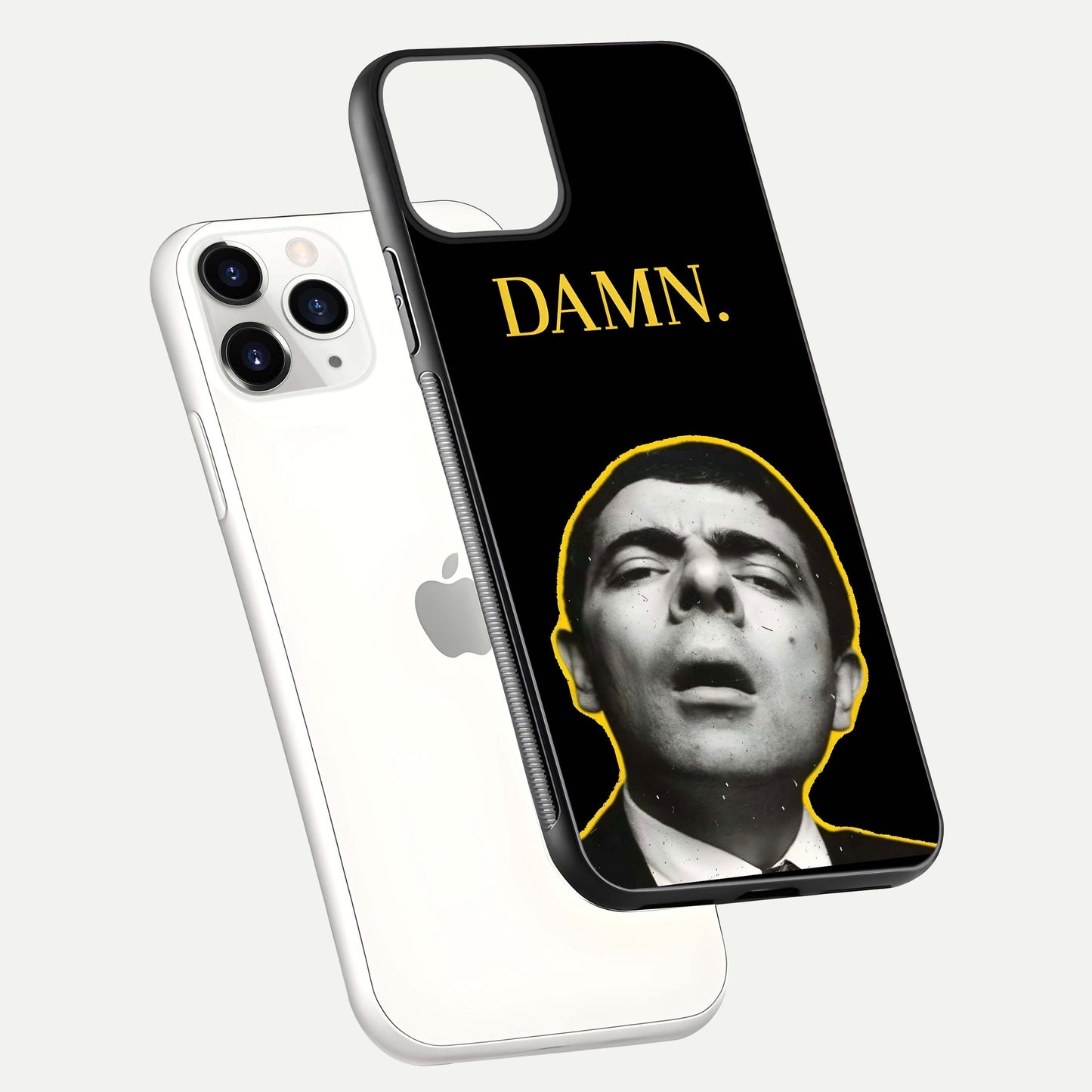 Mr Bean Damn Glass Case for iPhone 11 Pro floating dual-view mockup showing reflective gloss and vivid tones