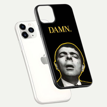 Mr Bean Damn Glass Case for iPhone 11 Pro floating dual-view mockup showing reflective gloss and vivid tones