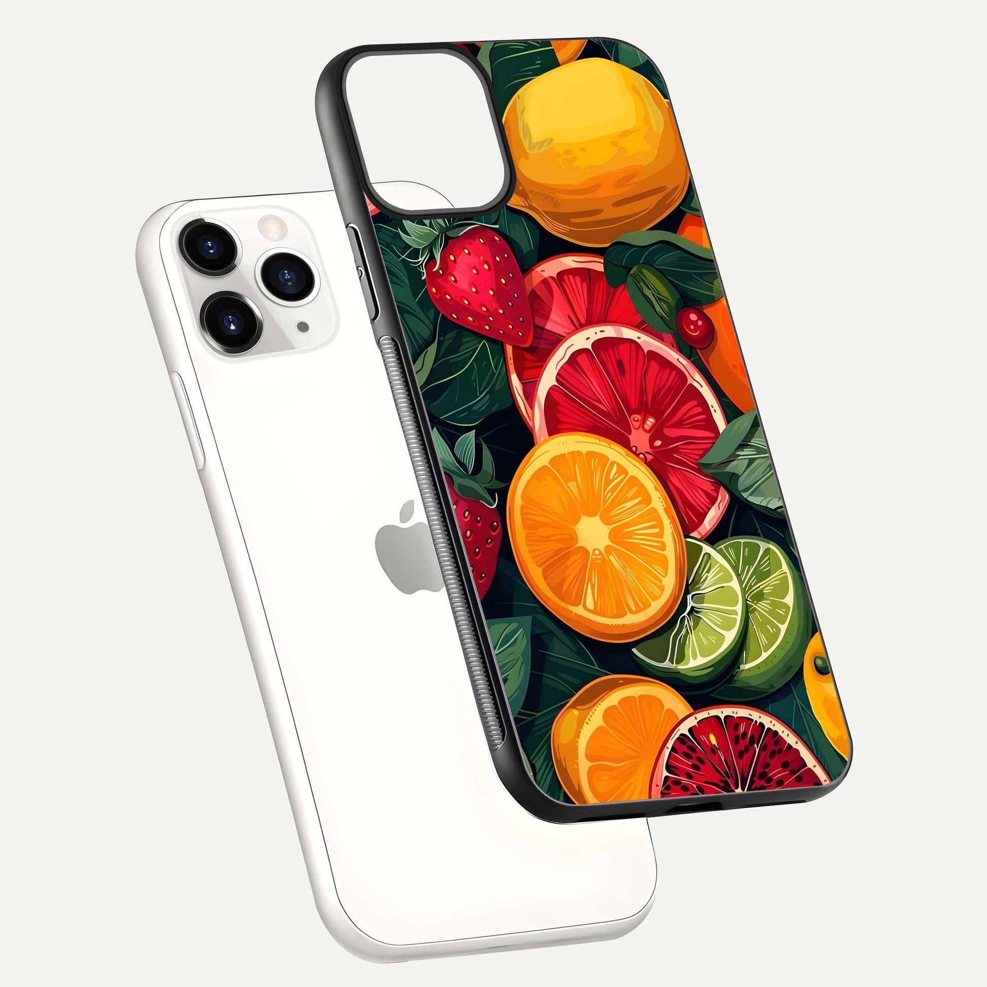 Multiple Fruits Glass Case for iPhone 11 Pro floating dual-view mockup showing reflection depth and freshness