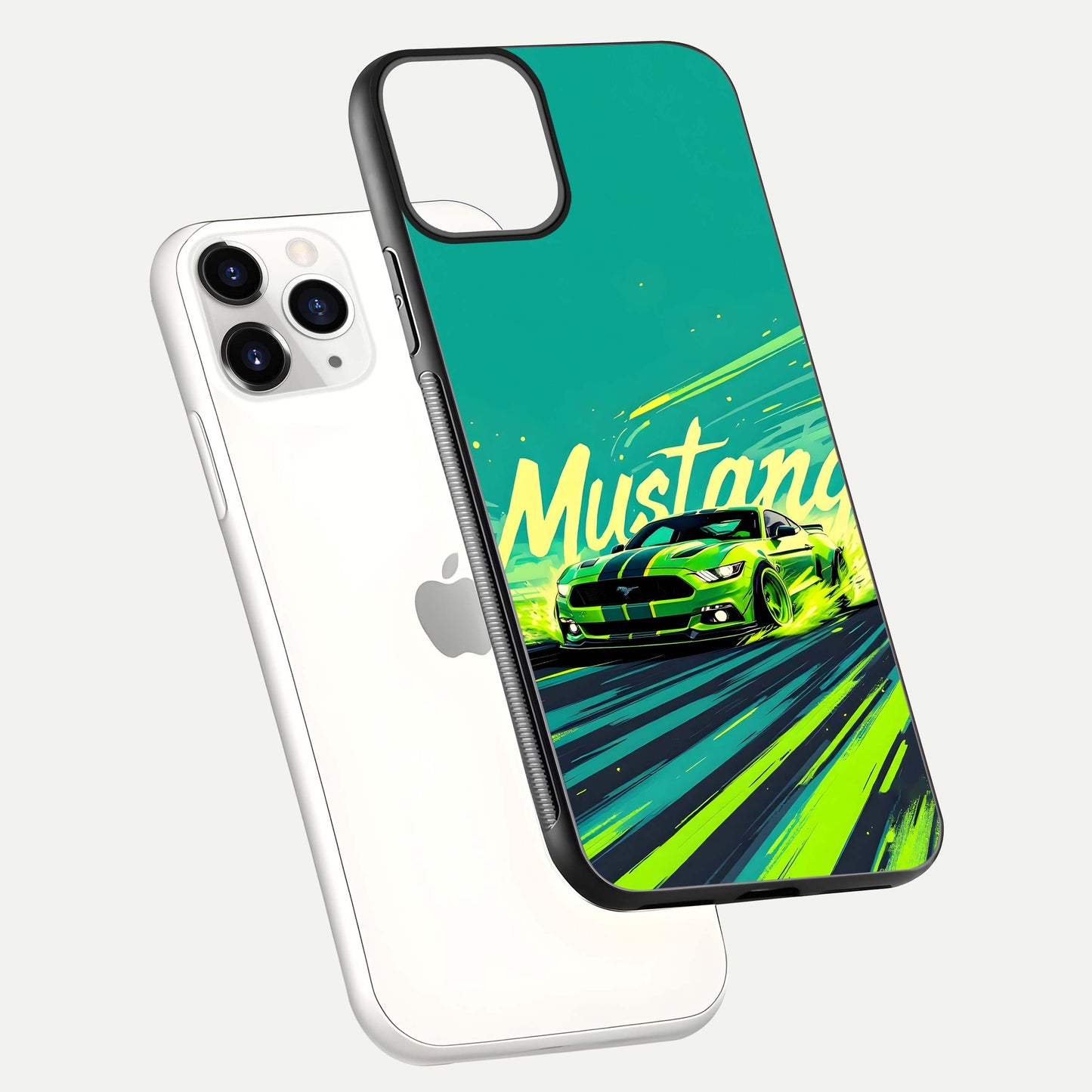 Mustang Bang Glass Case for iPhone 11 Pro floating dual-view mockup showing gloss depth and power design