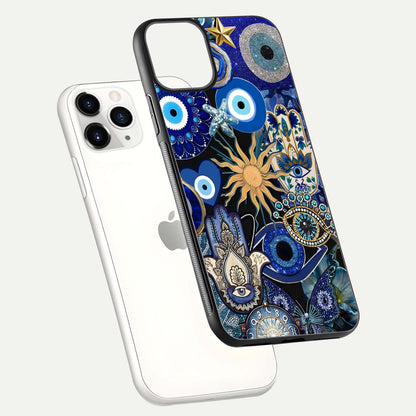 Mystic Blue Evil Eye Glass Case for iPhone 11 Pro floating dual-view mockup showing gloss depth and sacred symbol