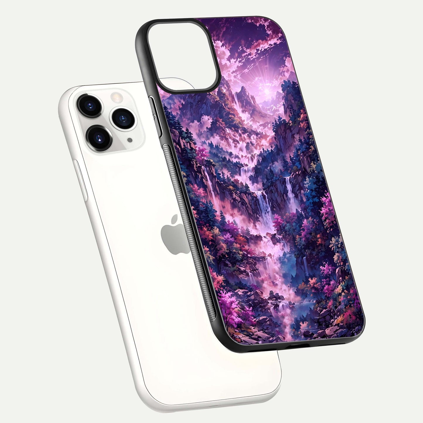 Mystic Cascade Peaks Glass Case for iPhone 11 Pro floating dual-view mockup showing gloss texture and depth