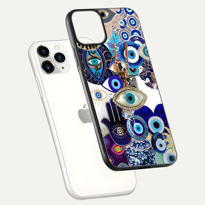 Mystic Charm Eye Glass Case for iPhone 11 Pro floating dual-view mockup showing gloss glow and charm symbol