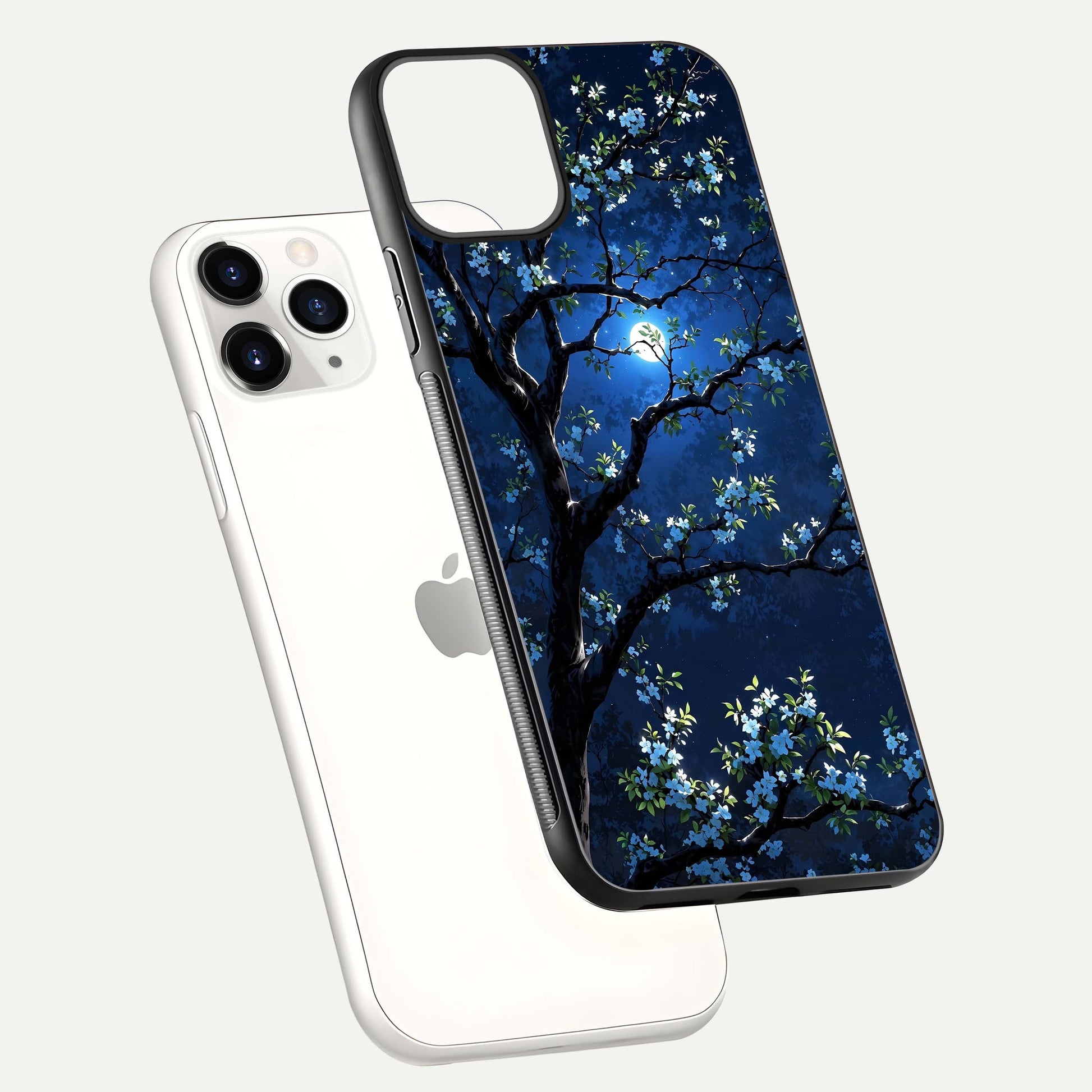 Mystic Floral Night Glass Case for iPhone 11 Pro floating dual-view mockup displaying shine and rich color depth