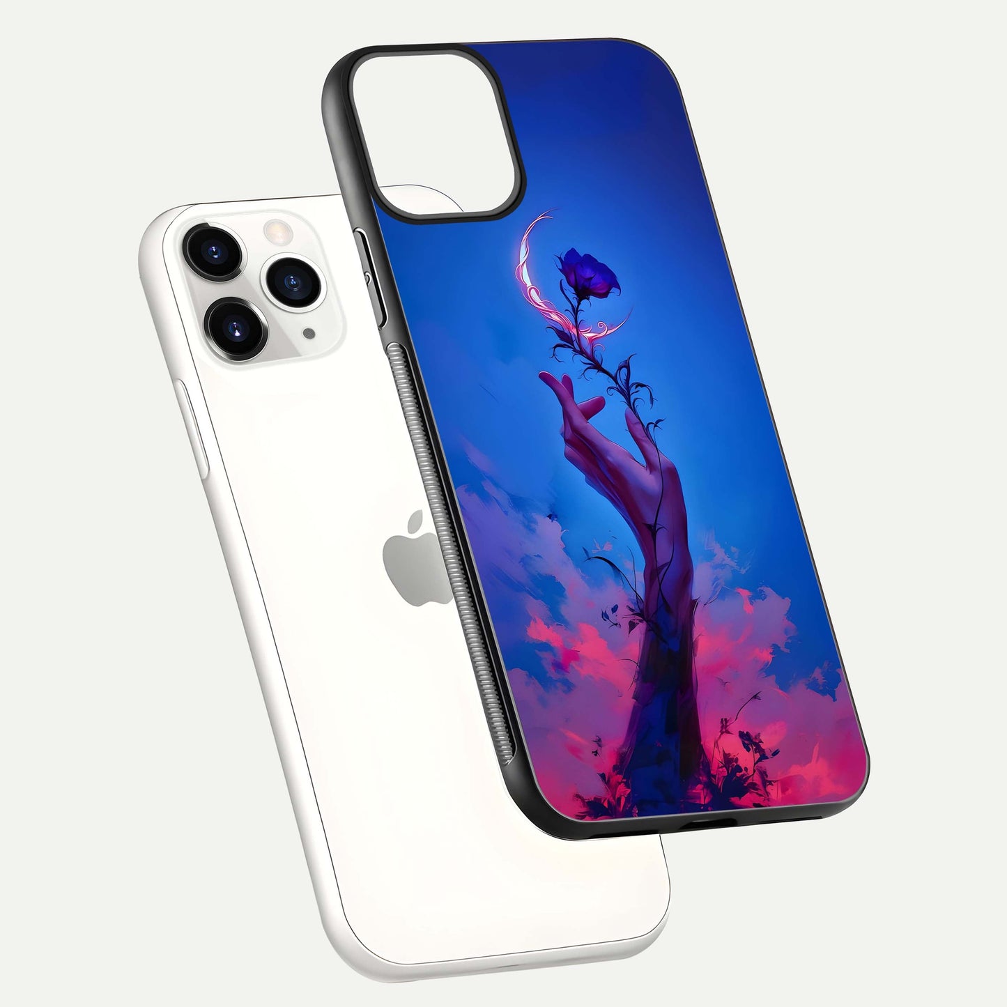 Mystic Hand Glass Case for iPhone 11 Pro floating dual-view mockup showing HD shine and fine palm detail