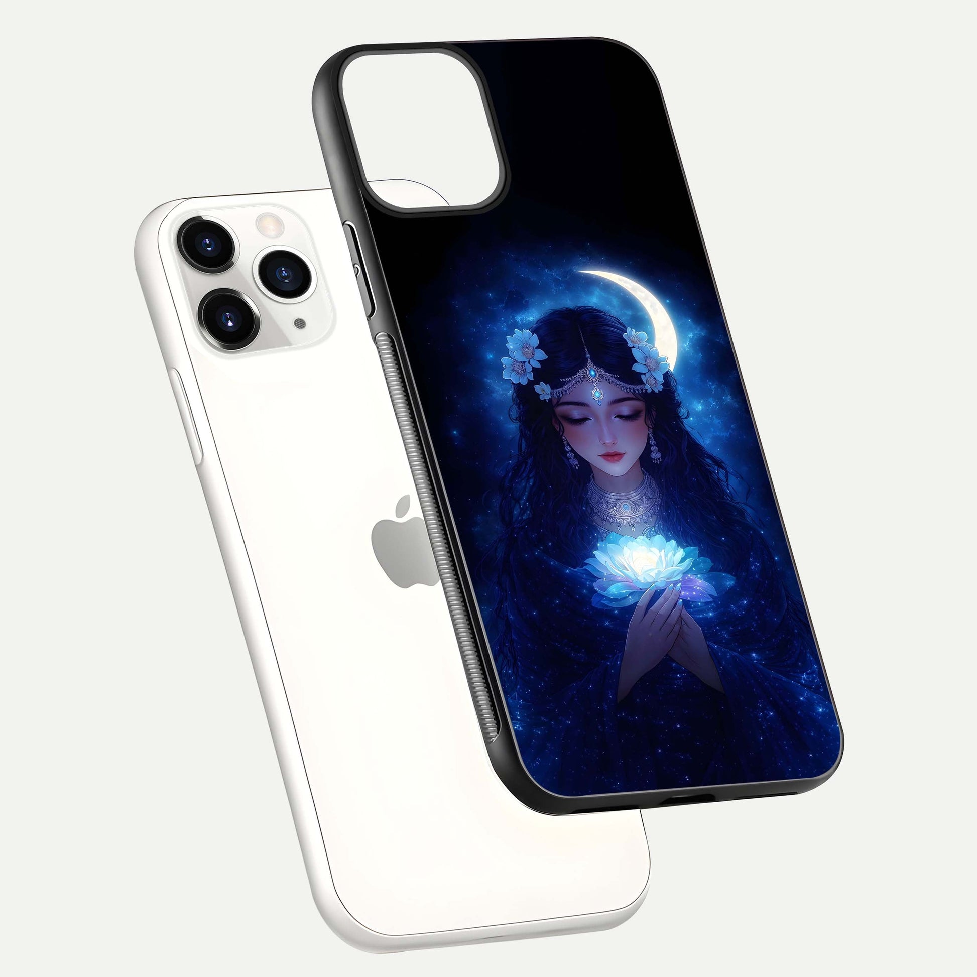 Mystic Moon Queen Glass Case for iPhone 11 Pro floating dual-view mockup showing HD gloss and cosmic glow