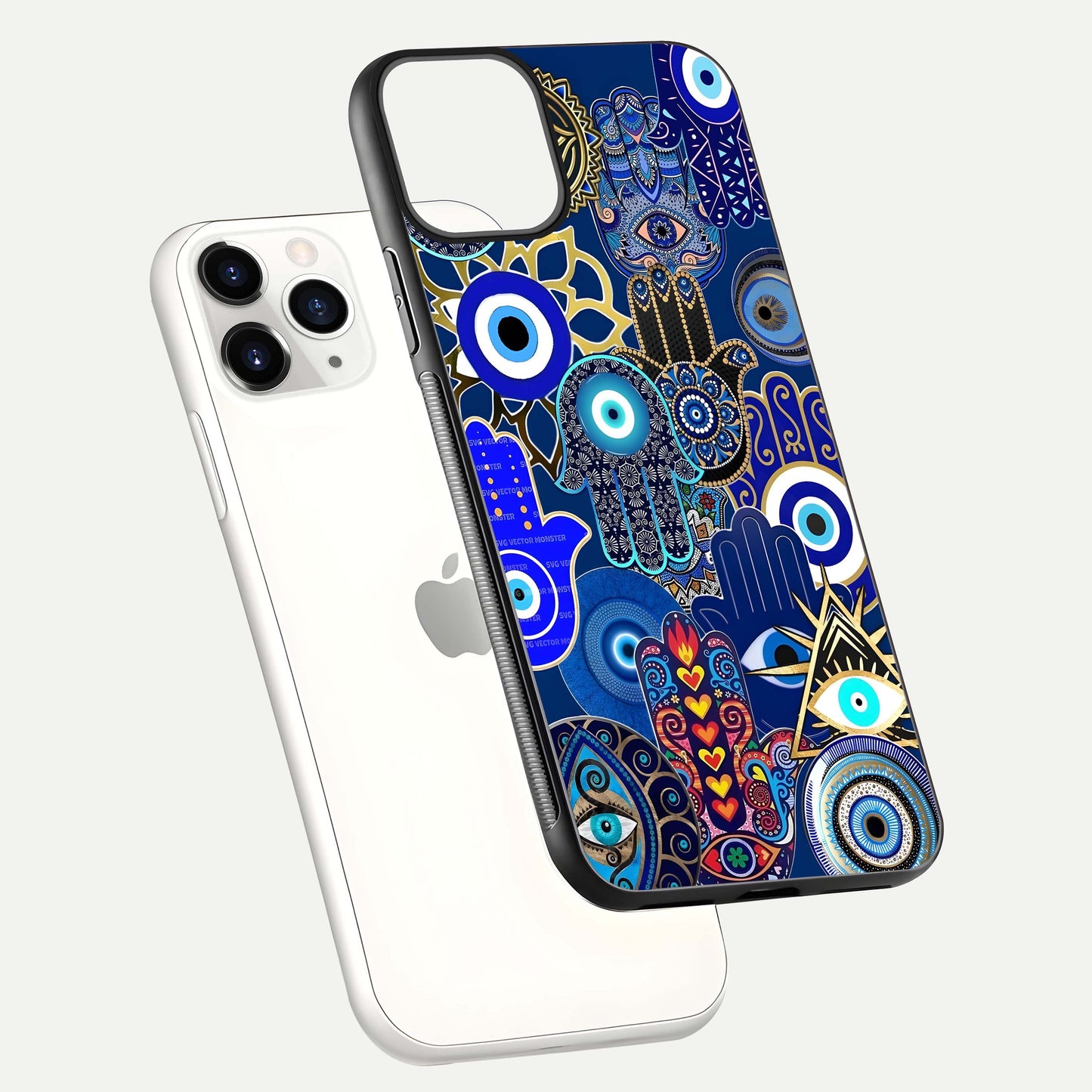 Mystic Palm Guard Glass Case for iPhone 11 Pro floating dual-view mockup showing HD reflection and vivid tone