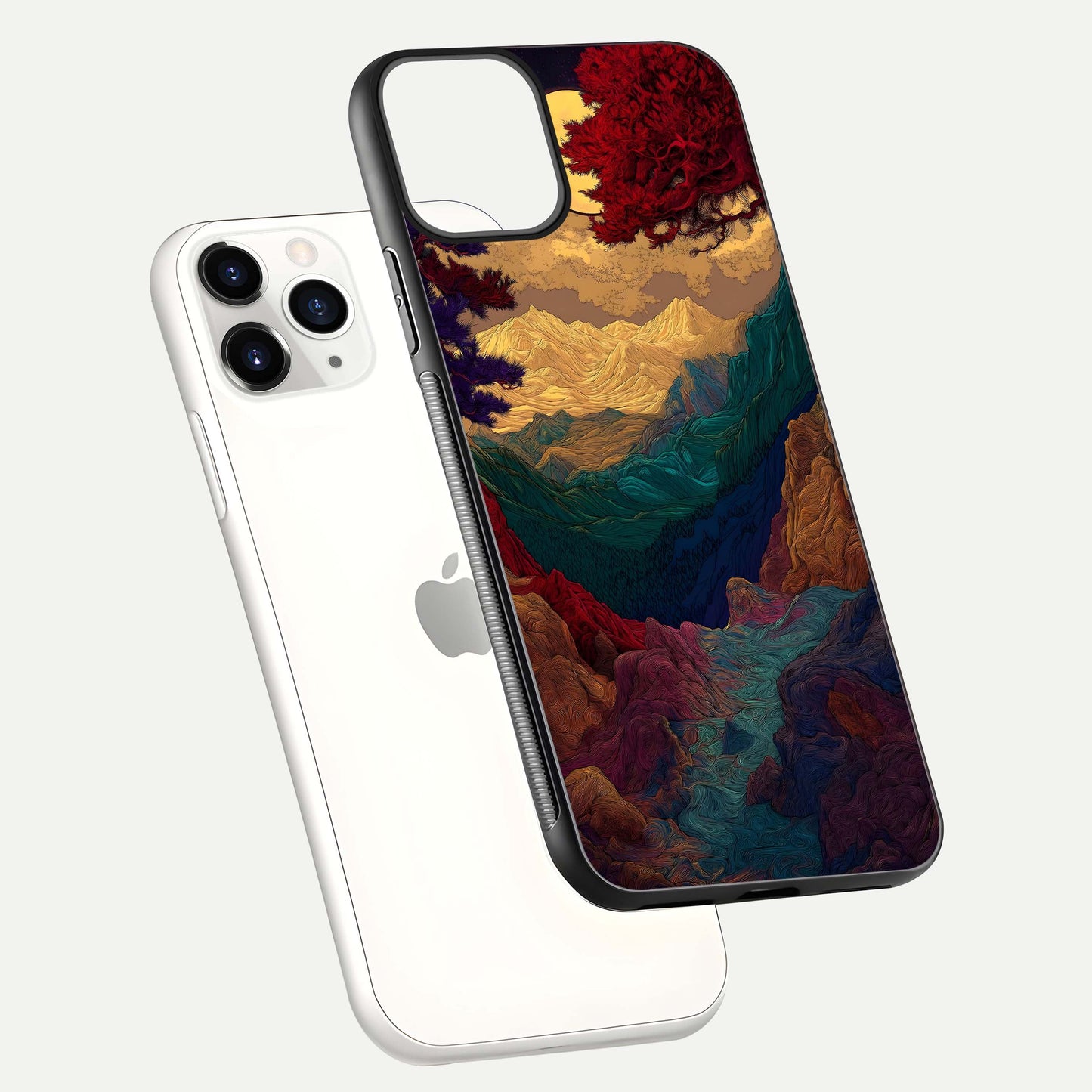 Mystic Valley Light Glass Case for iPhone 11 Pro floating dual-view mockup showing HD gloss and light blend
