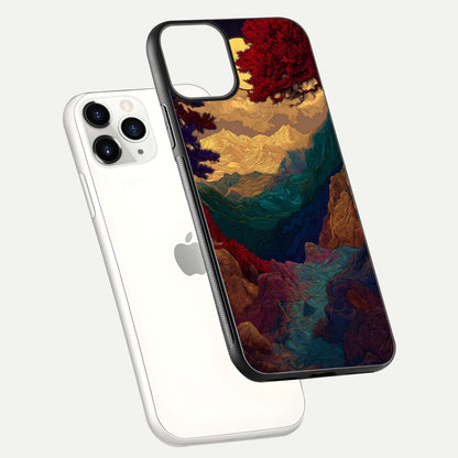 Mystic Valley Light Glass Case for iPhone 11 Pro floating dual-view mockup showing HD gloss and light blend