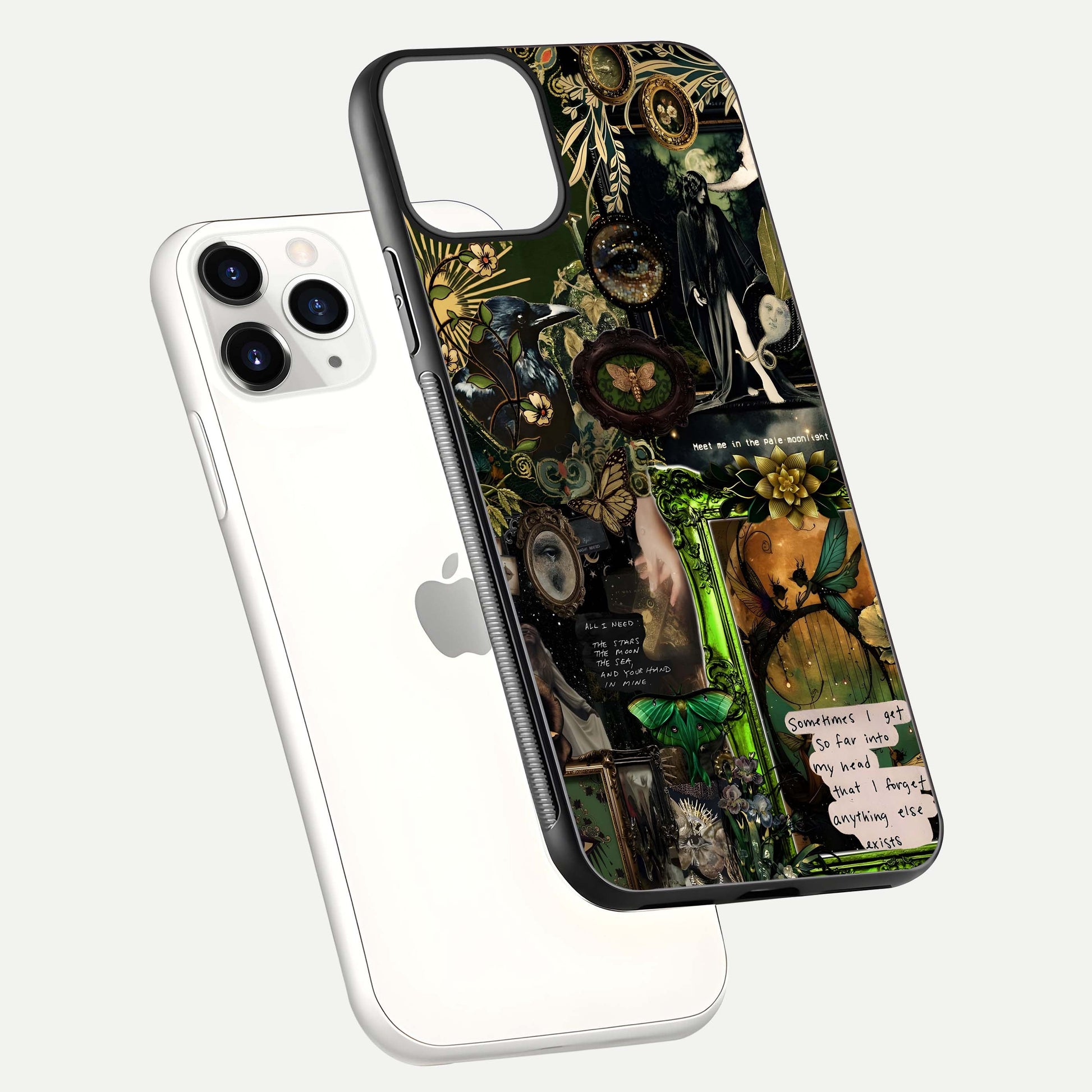 Mystic Woods Secret Glass Case for iPhone 11 Pro floating dual-view mockup showing HD shine and depth