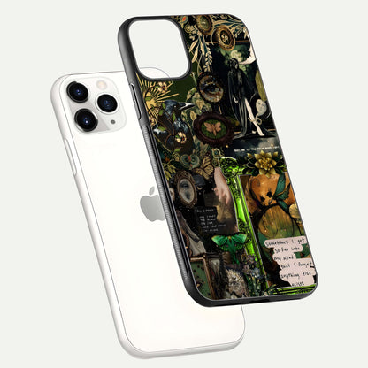 Mystic Woods Secret Glass Case for iPhone 11 Pro floating dual-view mockup showing HD shine and depth