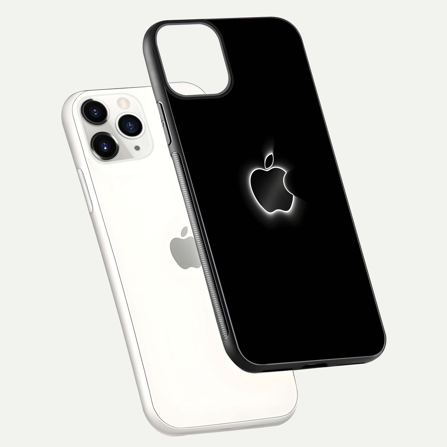 Neon Apple Glow Glass Case for iPhone 11 Pro floating dual-view mockup showing HD shine and modern look