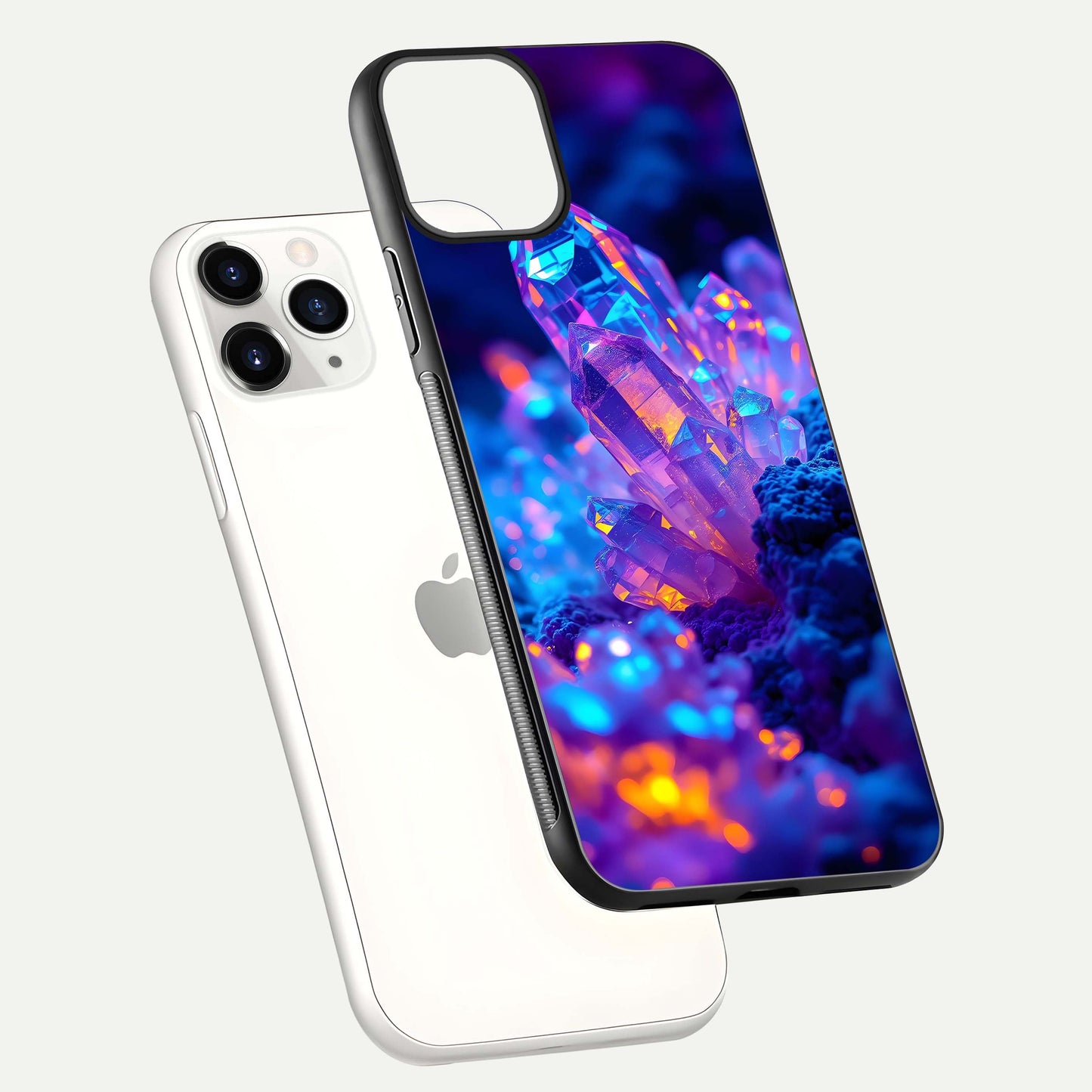 Neon Aura Shards Glass Case for iPhone 11 Pro floating dual-view mockup showing HD shine and shard texture