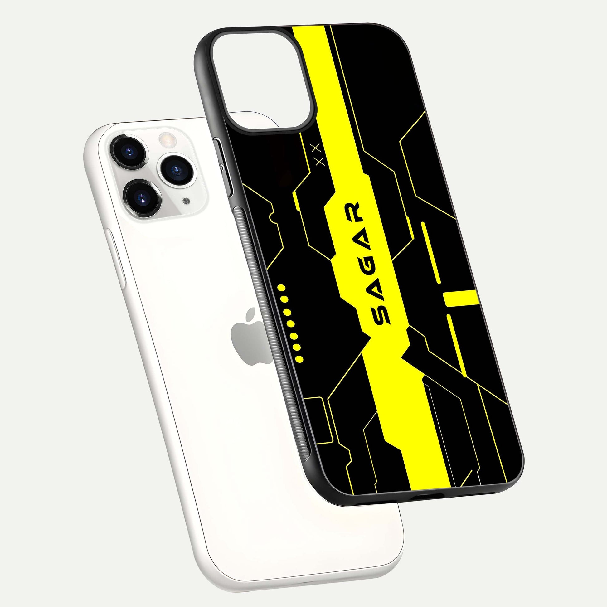 Neon CYBERPUNK Custom Name Glass Case for iPhone 11 Pro floating dual-view mockup showing HD shine and neon lines