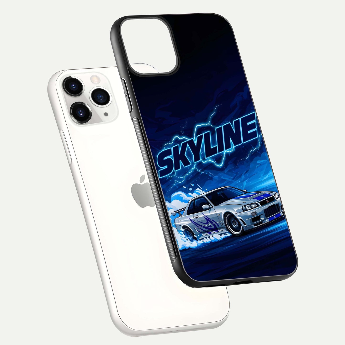 Neon Drift Beast Glass Case for iPhone 11 Pro floating dual-view mockup showing gloss texture and motion glow