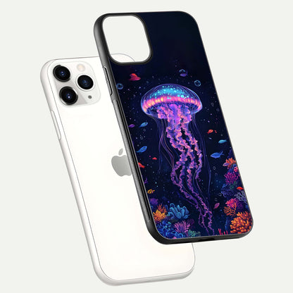 Neon Jellyfish Glass Case for iPhone 11 Pro floating dual-view mockup showing gloss texture and underwater glow