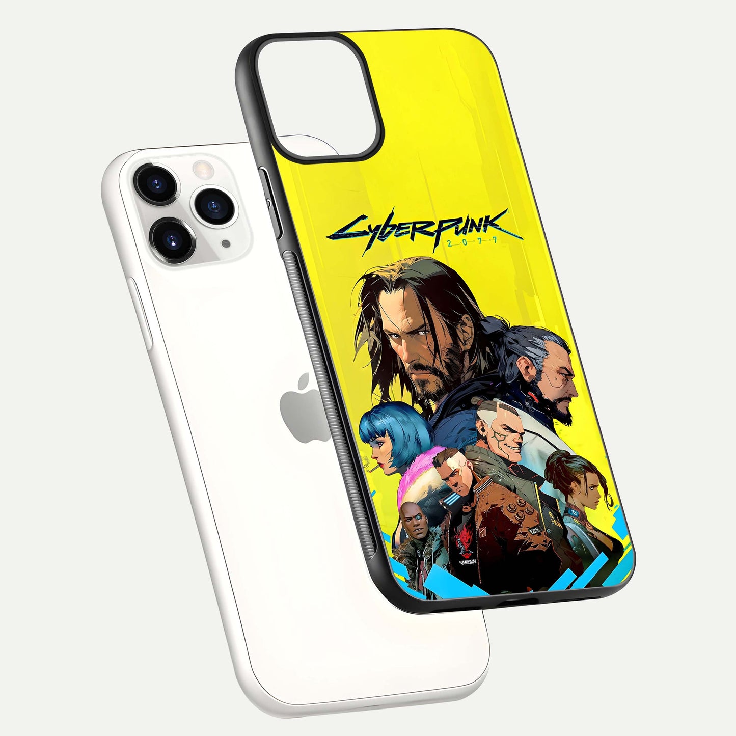 Neon Rebel Genesis Glass Case for iPhone 11 Pro floating dual-view mockup showing electric glow and depth