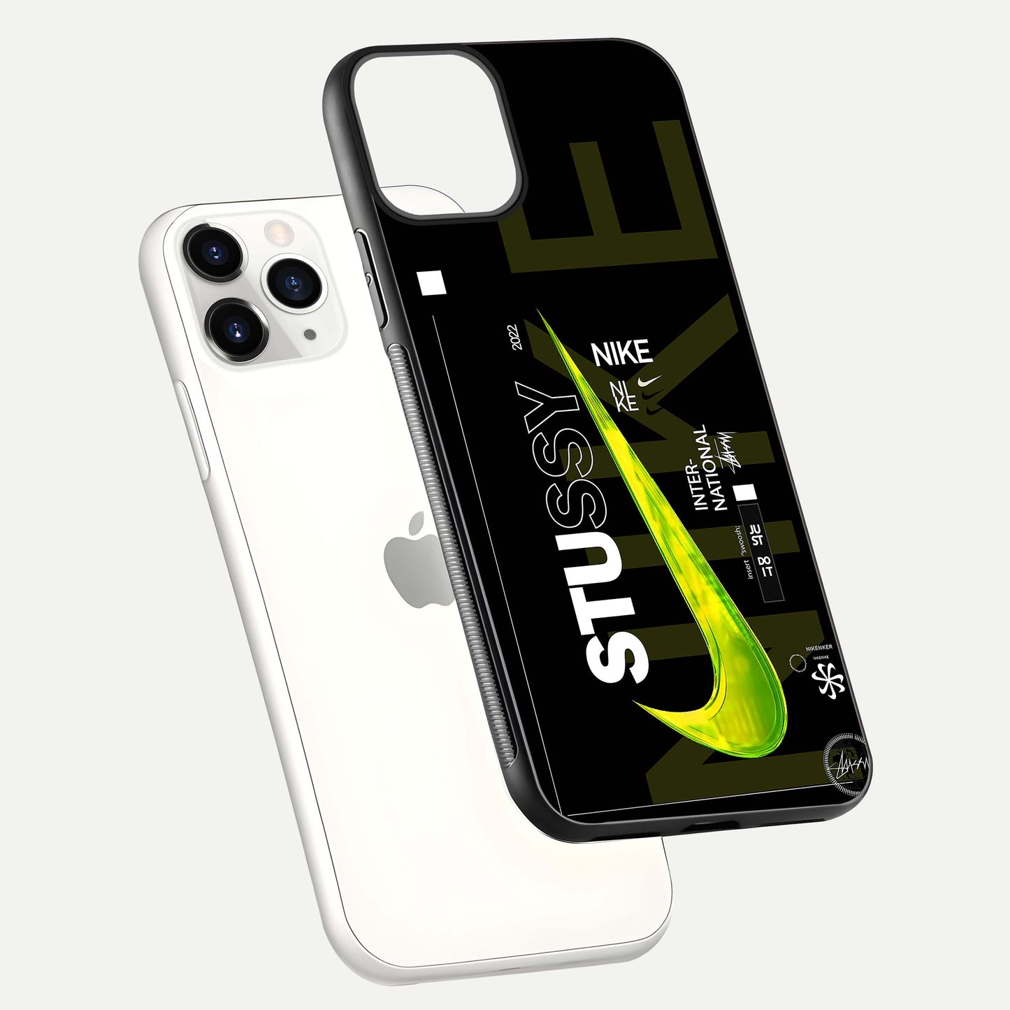Neon Street Edition Glass Case for iPhone 11 Pro floating dual-view mockup showing HD gloss and neon glow