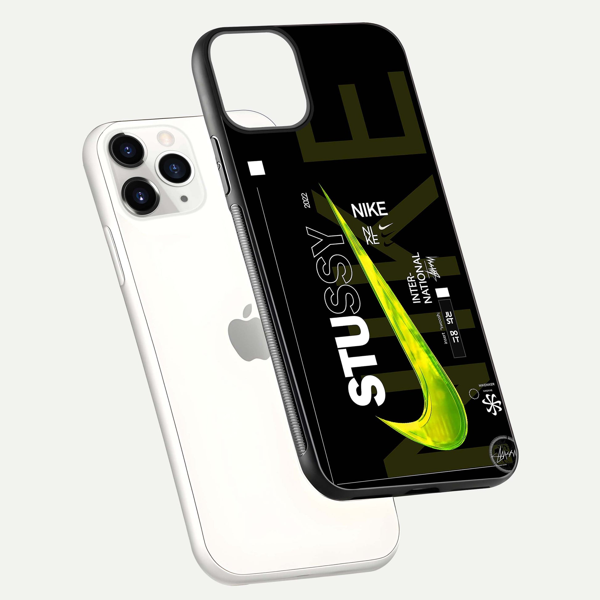Neon Street Edition Glass Case for iPhone 11 Pro floating dual-view mockup showing HD gloss and neon glow