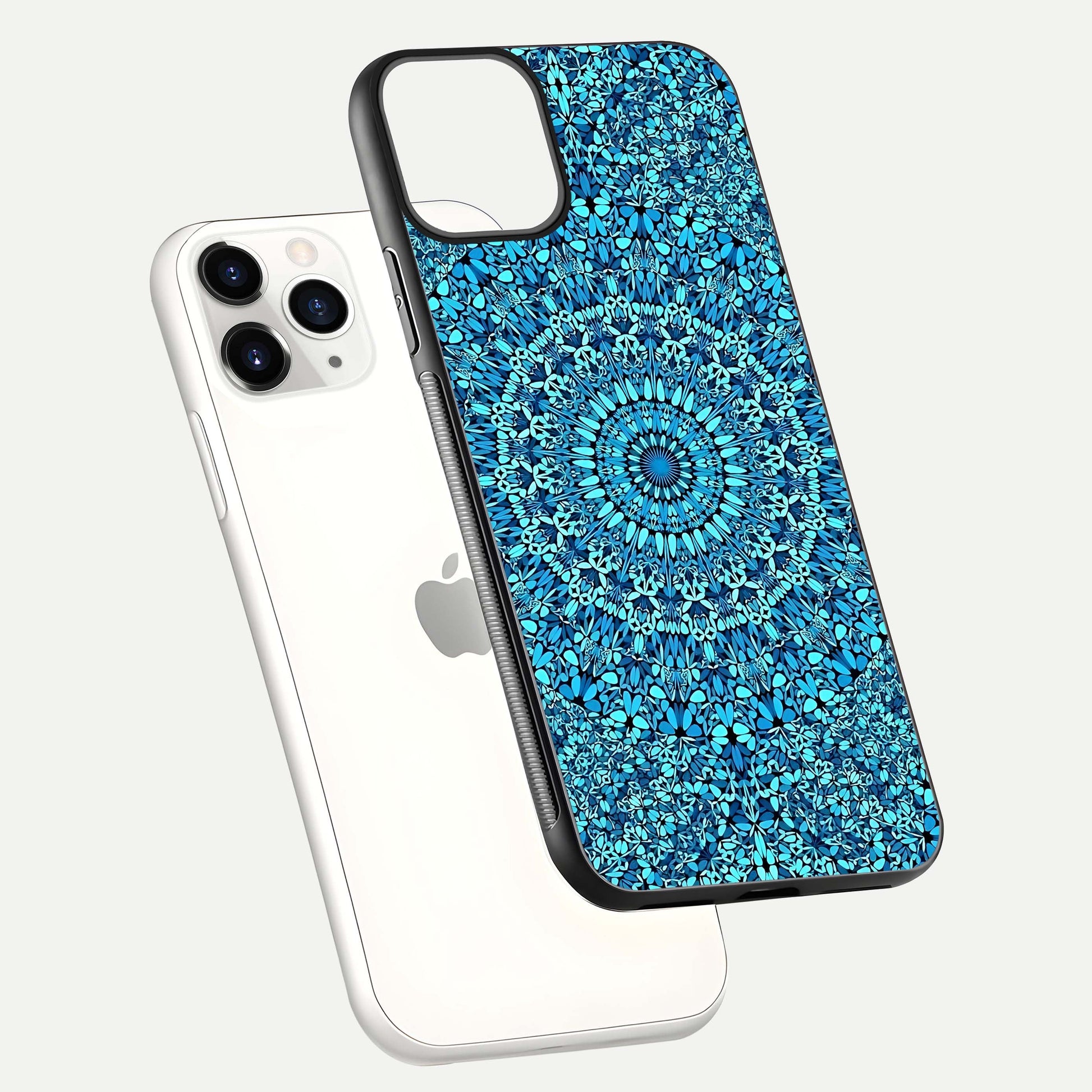 Ocean Bloom Mandala Glass Case for iPhone 11 Pro floating dual-view mockup showing gloss texture and print depth