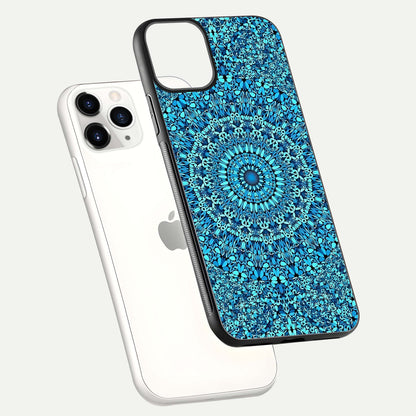 Ocean Bloom Mandala Glass Case for iPhone 11 Pro floating dual-view mockup showing gloss texture and print depth