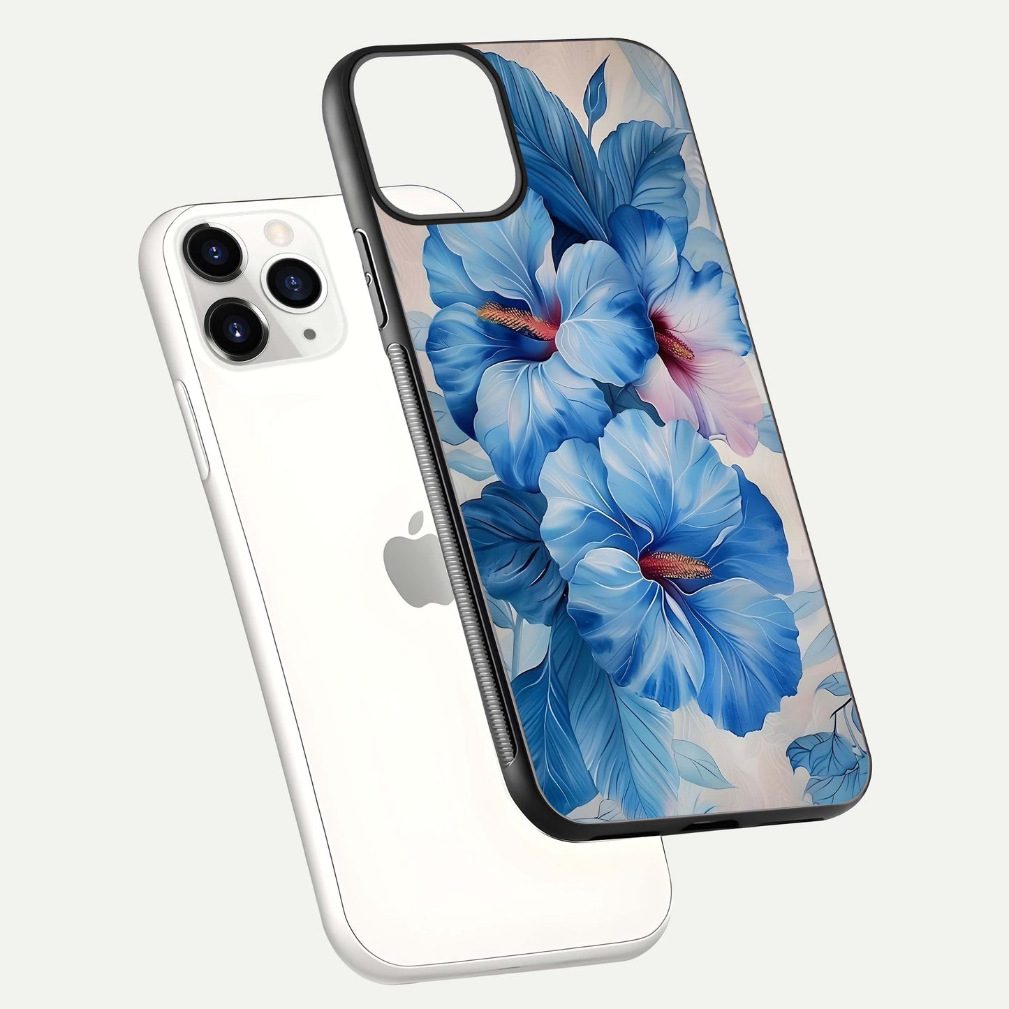 Ocean Hibiscus Grace Glass Case for iPhone 11 Pro floating dual-view mockup showing gloss reflection and print clarity