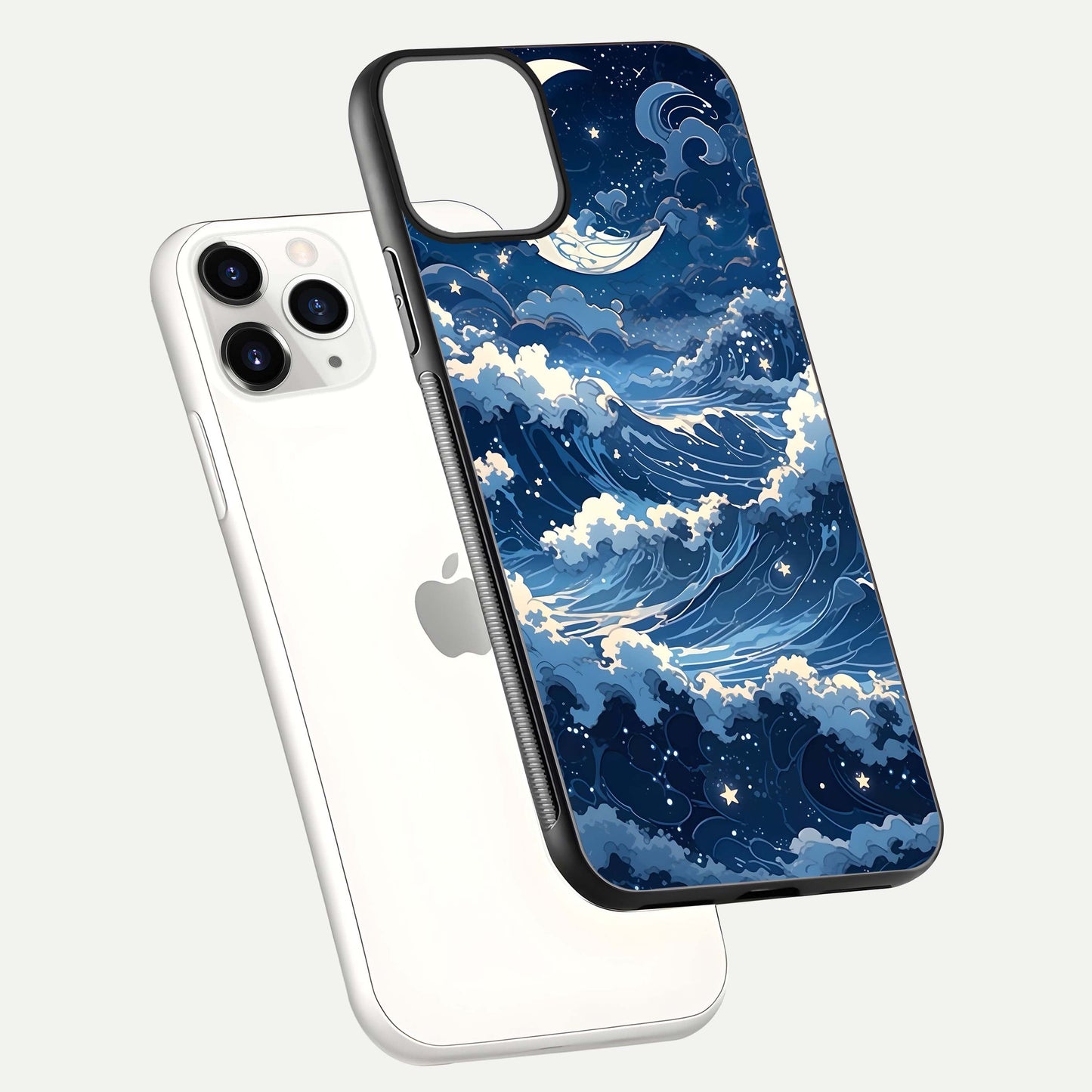 Ocean Moon Waves Glass Case for iPhone 11 Pro floating dual-view mockup showing gloss texture and moon glow