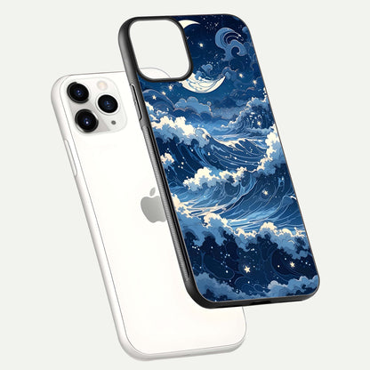 Ocean Moon Waves Glass Case for iPhone 11 Pro floating dual-view mockup showing gloss texture and moon glow