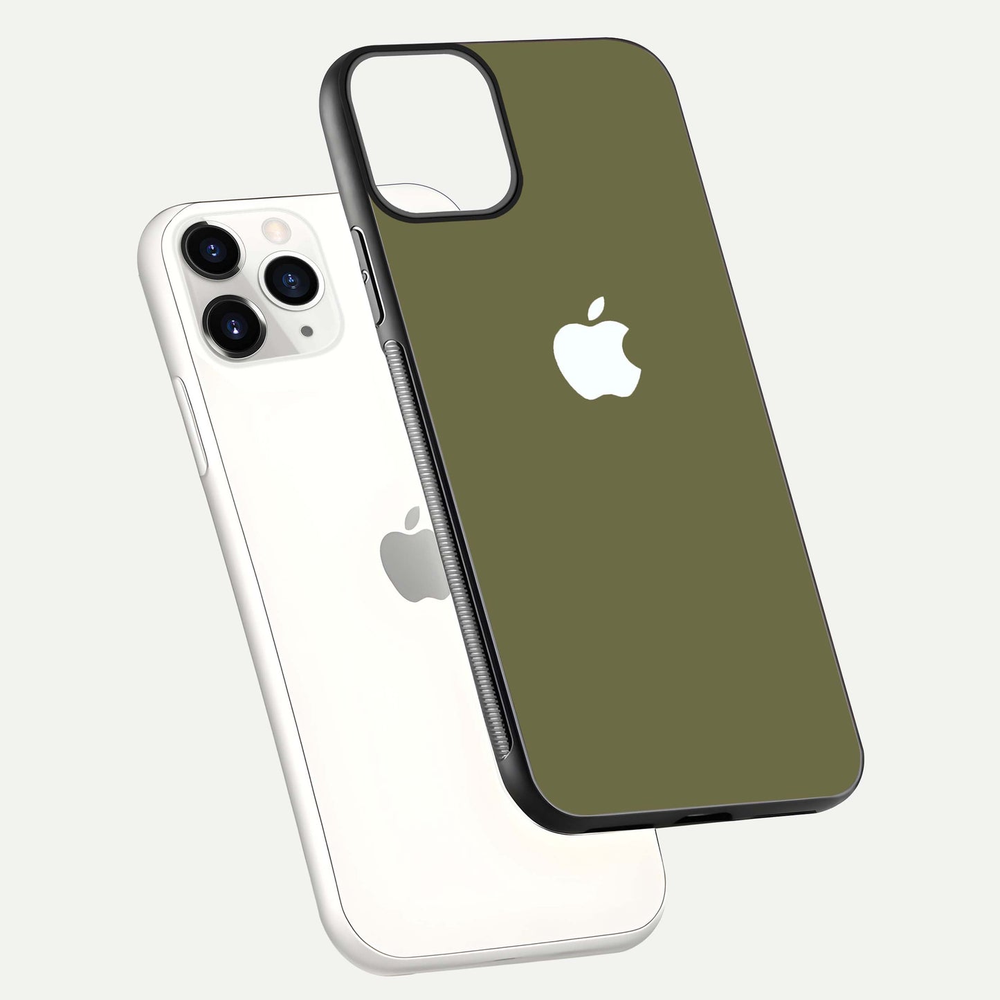 Olive Matte Essence Glass Case for iPhone 11 Pro floating dual-view mockup showing matte gloss and depth