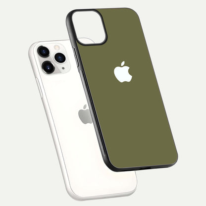 Olive Matte Essence Glass Case for iPhone 11 Pro floating dual-view mockup showing matte gloss and depth