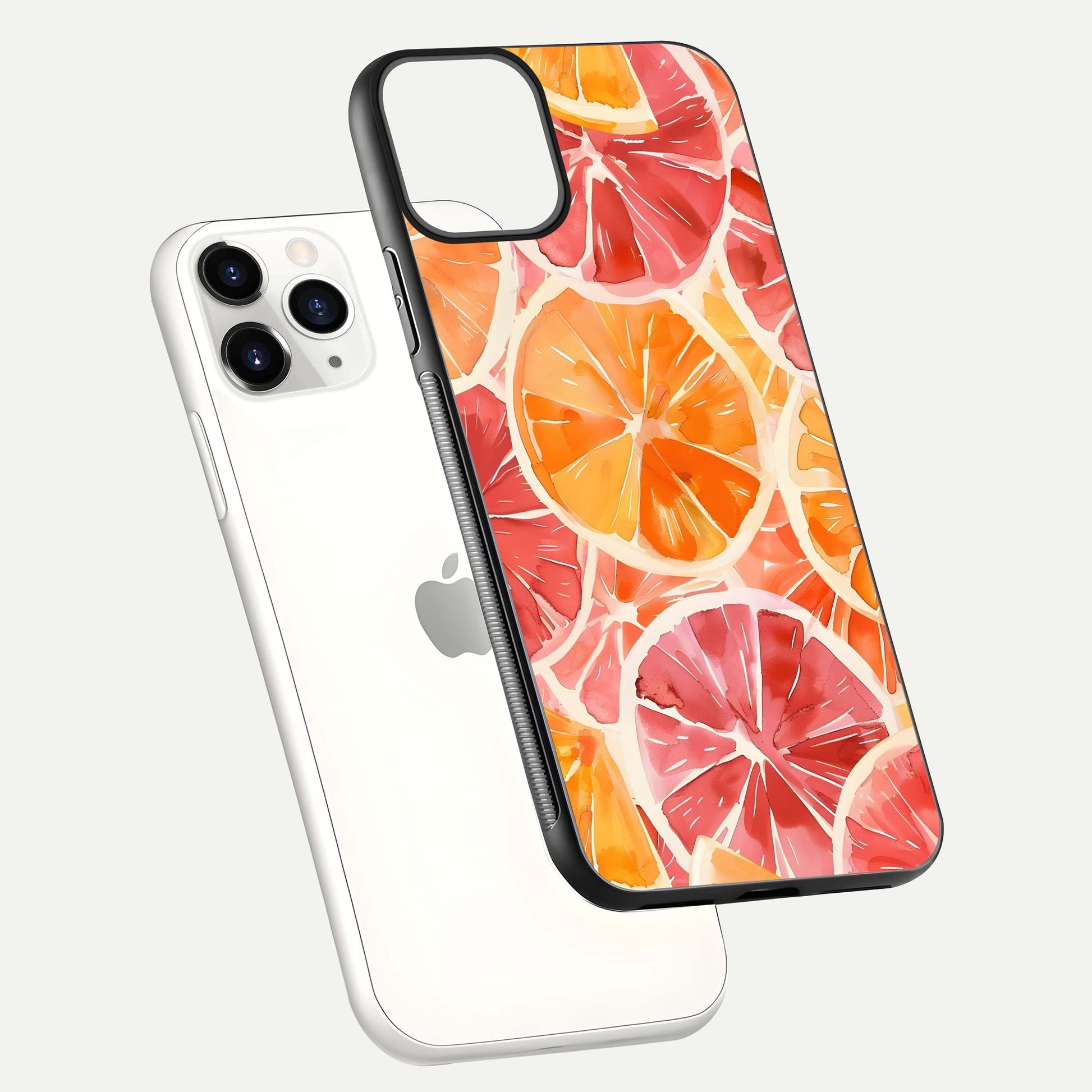 Orange Fruits Pattern Glass Case for iPhone 11 Pro floating dual-view mockup showing gloss reflection and HD tone