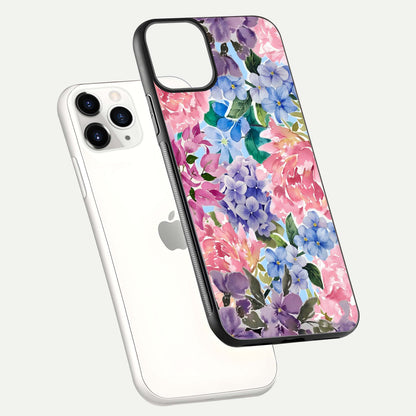 Pastel Floral Mix Glass Case for iPhone 11 Pro floating dual-view mockup showing HD gloss and floral texture
