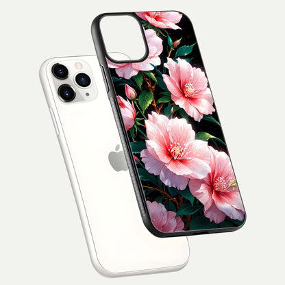 Peach Flower Glass Case for iPhone 11 Pro floating dual-view mockup displaying shine and delicate flower art