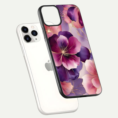 Pink Bouquet Florals Glass Case for iPhone 11 Pro floating dual-view mockup showing gloss surface and color depth