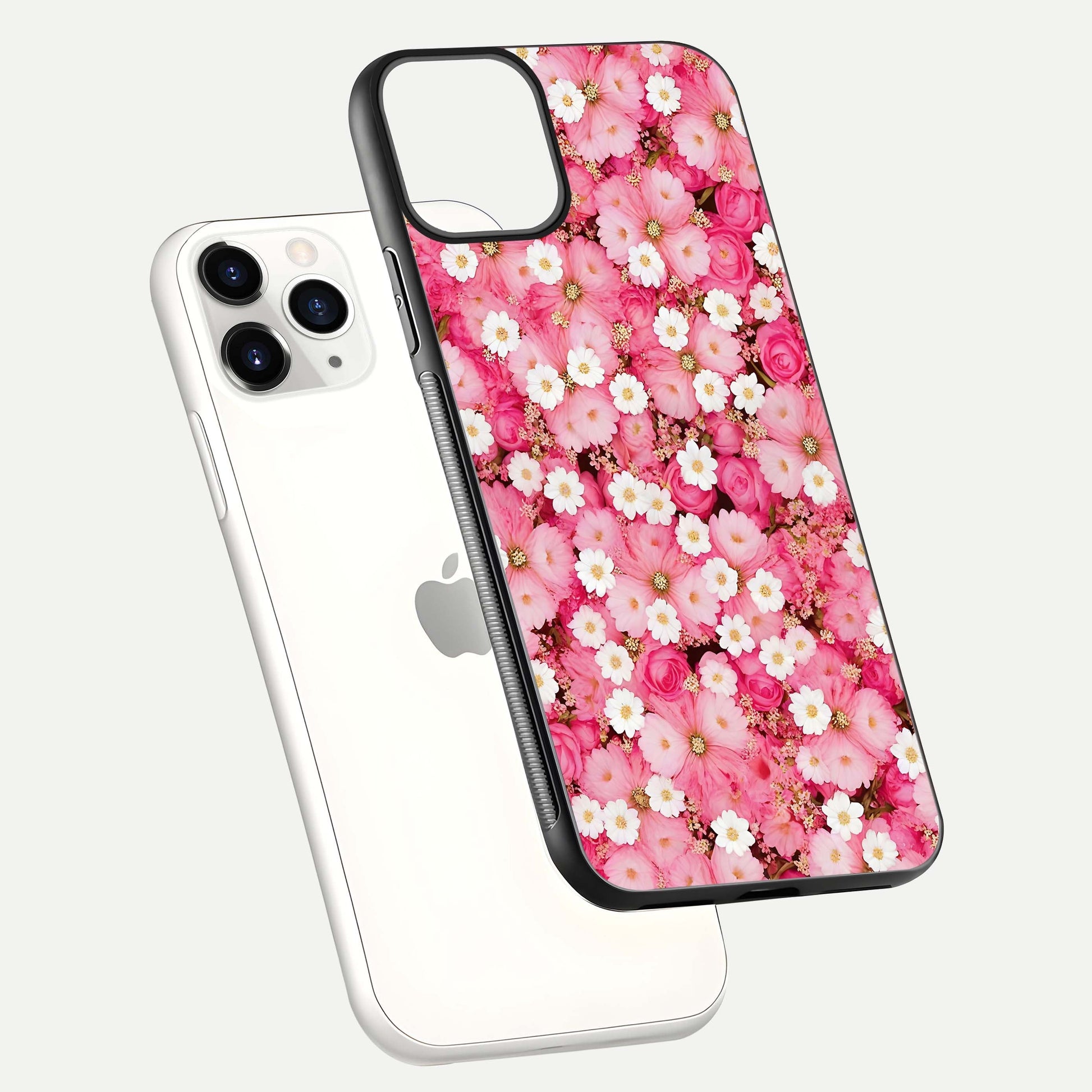 Pink Daisy Bliss Glass Case for iPhone 11 Pro floating dual-view mockup displaying gloss shine and pastel tones