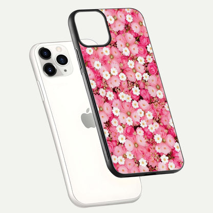 Pink Daisy Bliss Glass Case for iPhone 11 Pro floating dual-view mockup displaying gloss shine and pastel tones