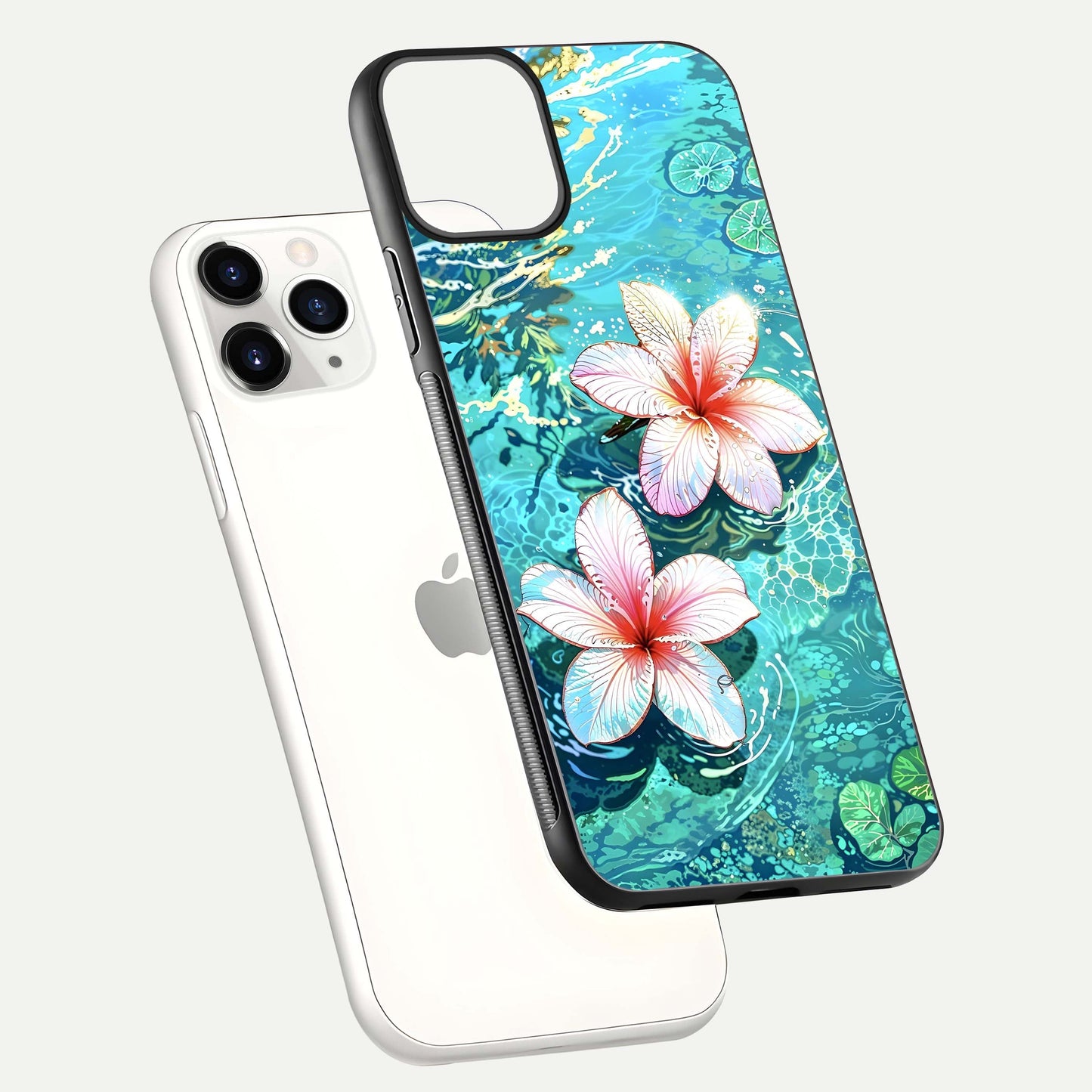 Pink Flowers in Water Glass Case for iPhone 11 Pro floating dual-view mockup showing gloss and floral clarity