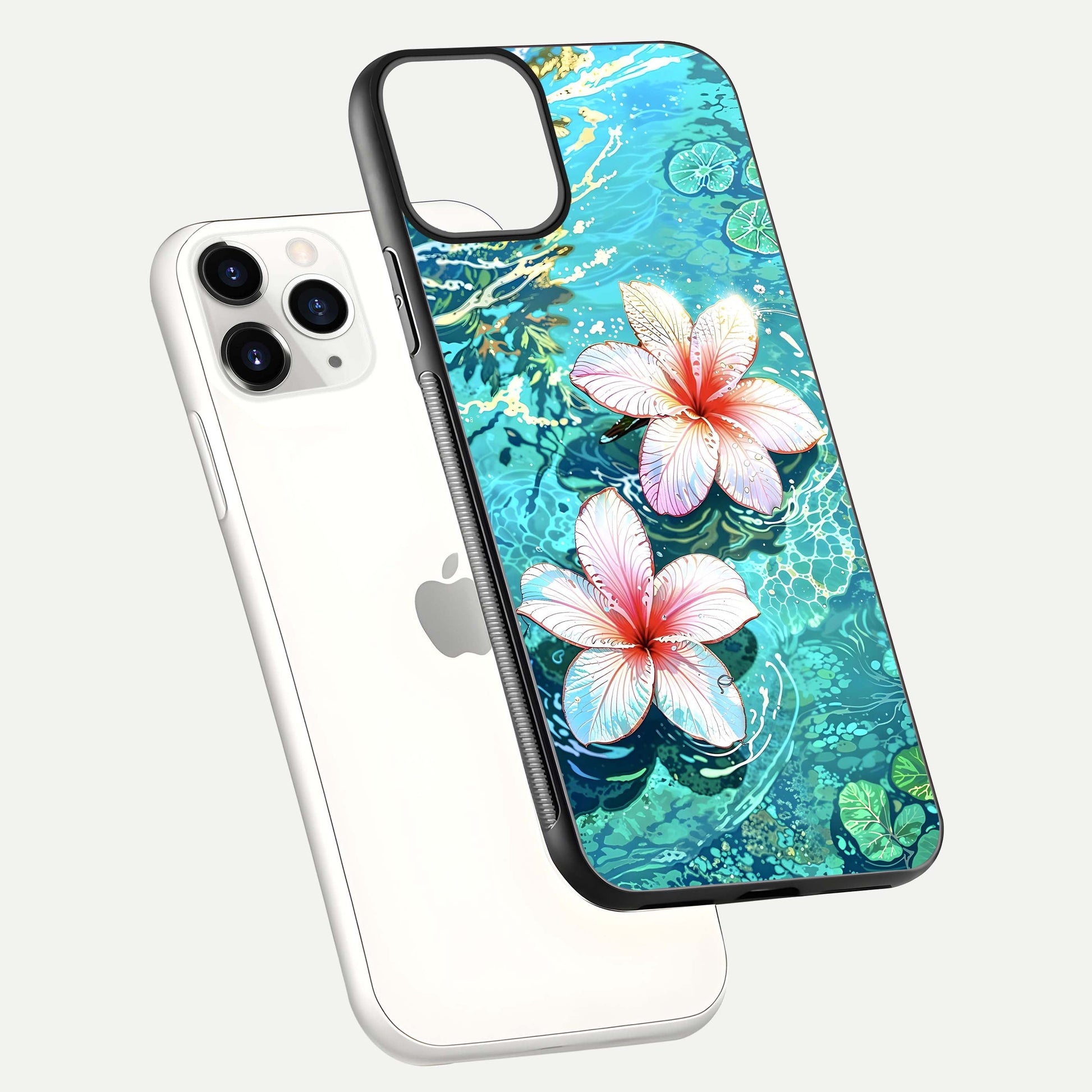Pink Flowers in Water Glass Case for iPhone 11 Pro floating dual-view mockup showing gloss and floral clarity