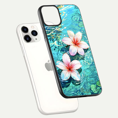 Pink Flowers in Water Glass Case for iPhone 11 Pro floating dual-view mockup showing gloss and floral clarity