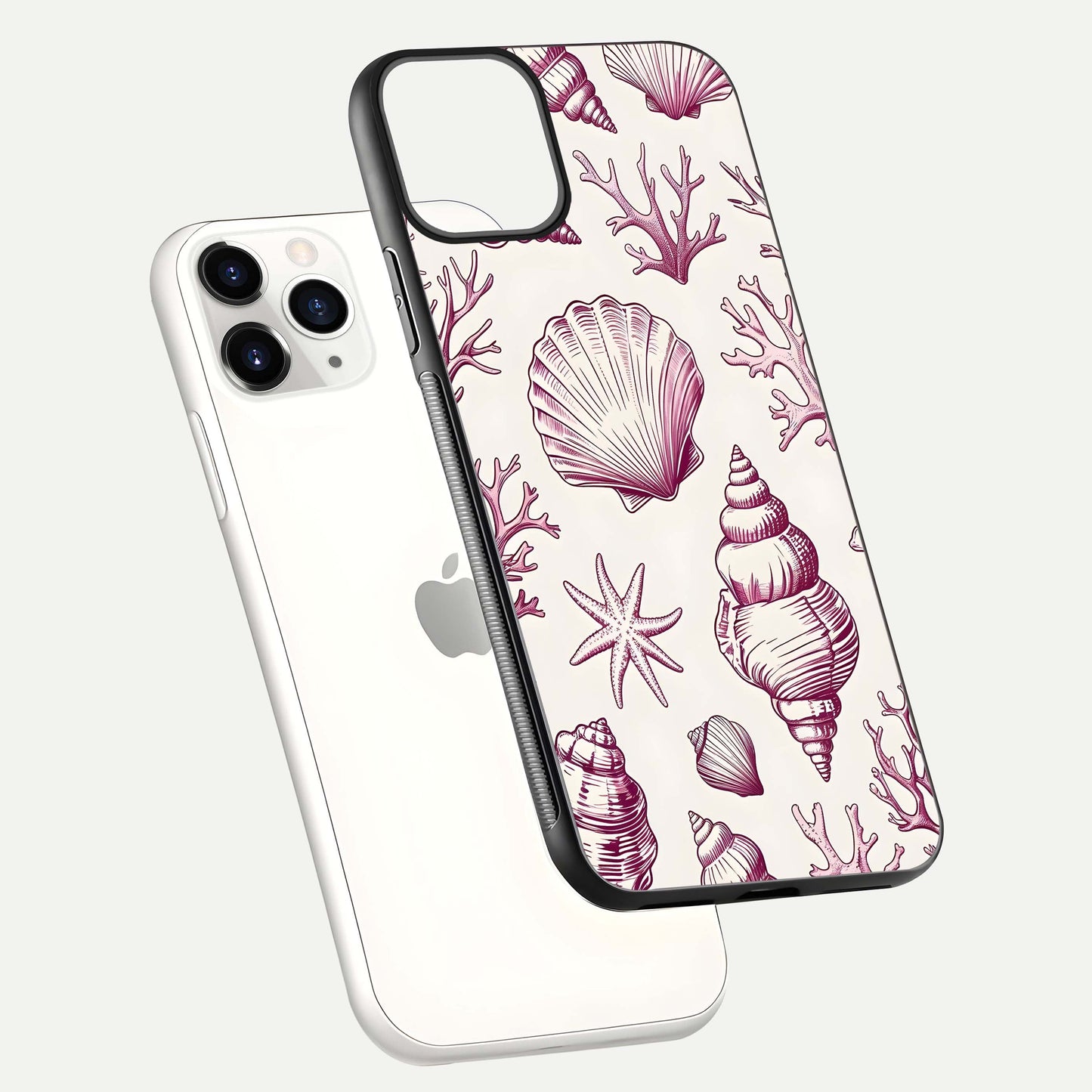 Pink Shells Outline Glass Case for iPhone 11 Pro floating dual-view mockup displaying gloss and ocean vibe
