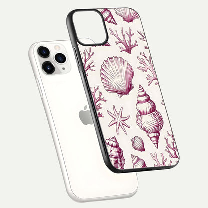 Pink Shells Outline Glass Case for iPhone 11 Pro floating dual-view mockup displaying gloss and ocean vibe