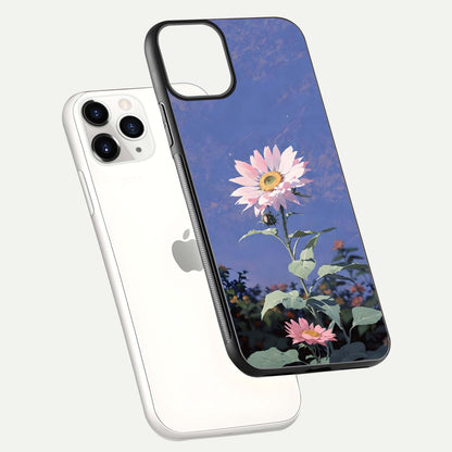 Pink Sunflower Glow Glass Case for iPhone 11 Pro floating dual-view mockup showing gloss reflection and design depth