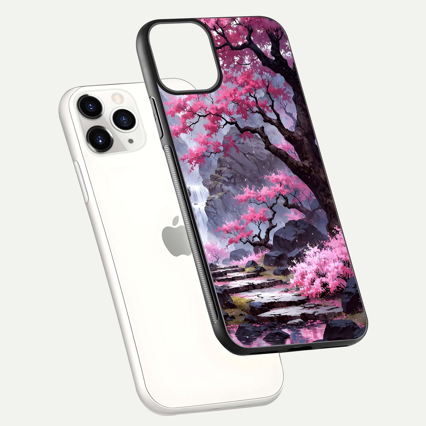 Pinkish Scenery Glass Case for iPhone 11 Pro floating dual-view mockup displaying gloss shine and artistic tone