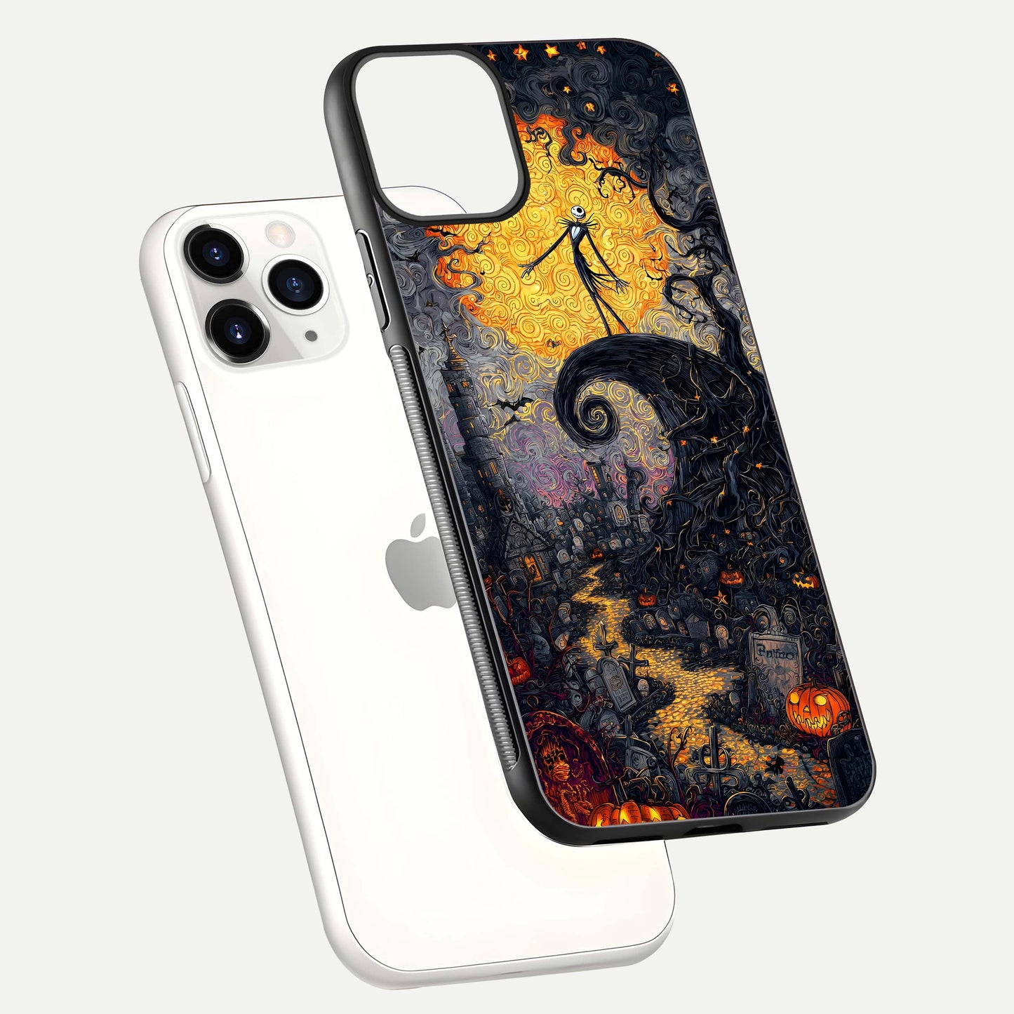 Pumpkin Moon Night Glass Case for iPhone 11 Pro floating dual-view mockup showing HD gloss and spooky detail